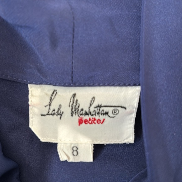 Lady Manhattan Women’s Petite Vintage Blouse Dark Navy Button Up Bow Tie size 8 - Picture 3 of 6